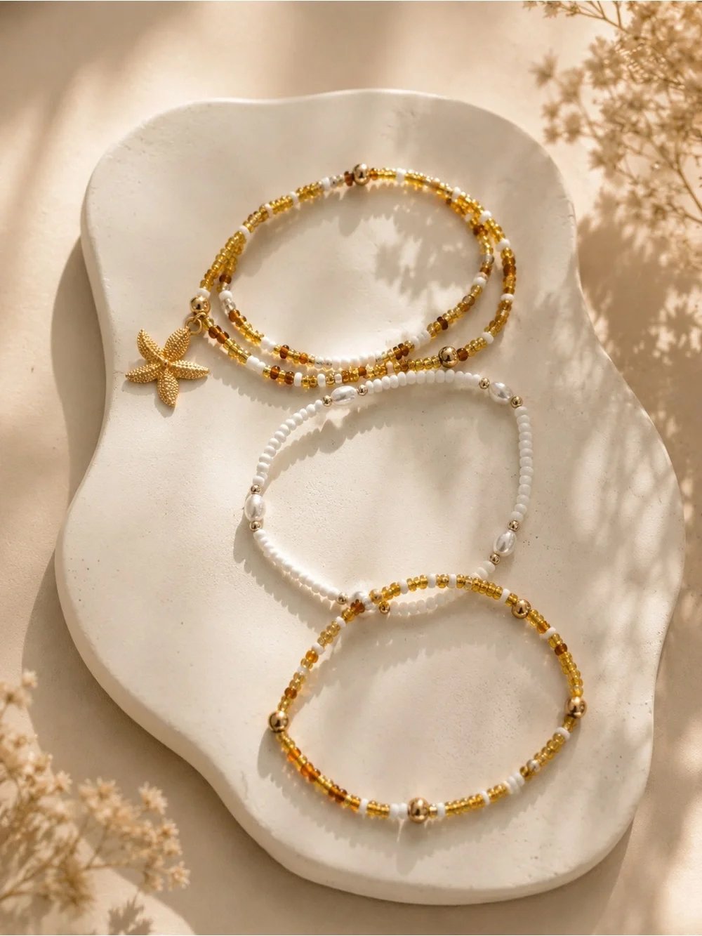 Delicate Gold and White Beaded Anklet Set - Women Jewelry